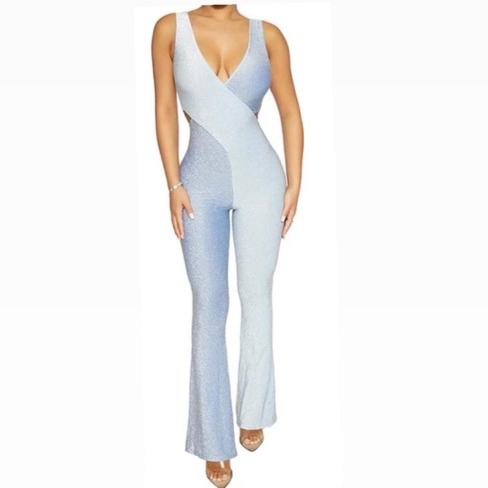 NAKED WARDROBE  The glow flare leg jumpsuit blue